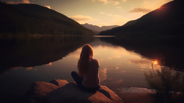 Young woman sitting for meditation on a stone at a beautiful lake Mountains background Generative AI