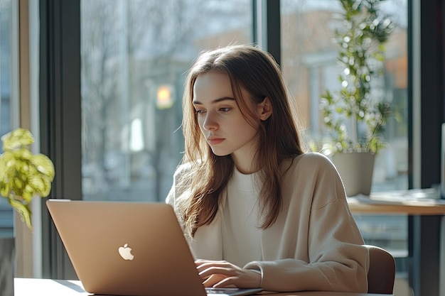 Young woman sitting at office table with laptop