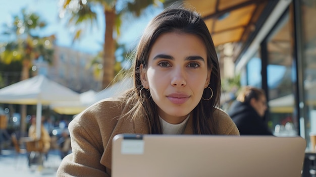 Young woman sitting on online meeting in outdoor cafe talking to laptop camera explaining something