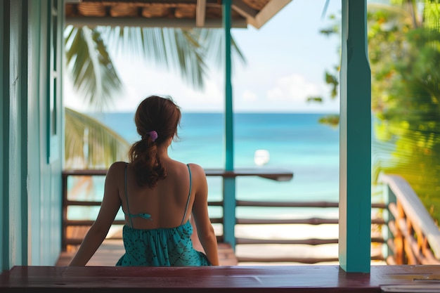 Young woman in sitting on a porch or veranda of wooden summer cottage or bungalow Tropical summer