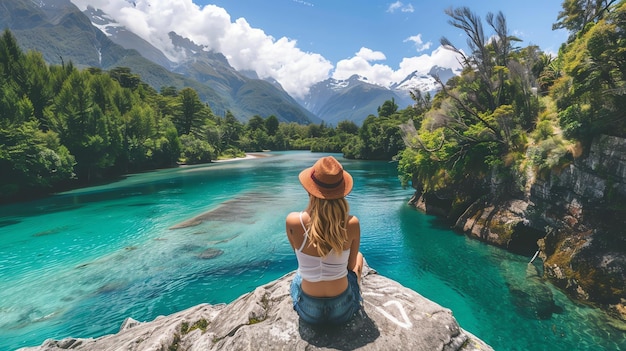 Young woman sitting on a rock in front of a beautiful mountain lake She is wearing a hat and lookin