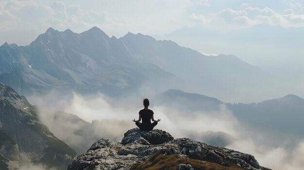 Photo young woman sitting on a rock in the mountains with her legs crossed and her hands resting on her knees she is wearing sportswear and looking out at