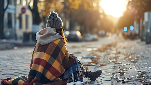 Young woman sitting on the sidewalk wrapped in a blanket and looking at the autumn leaves