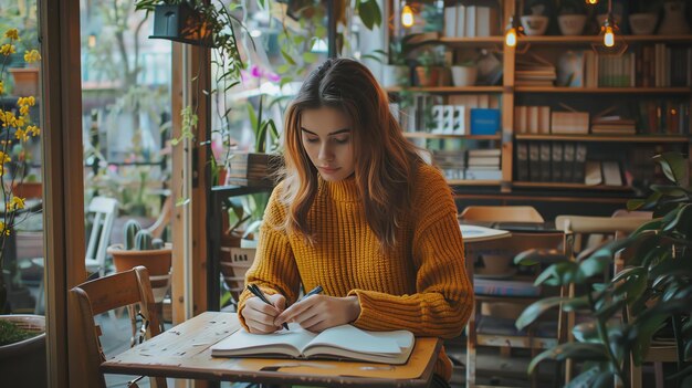 Photo young woman sitting at a table in a coffee shop writing in her journal she is wearing a yellow sweater and has long brown hair