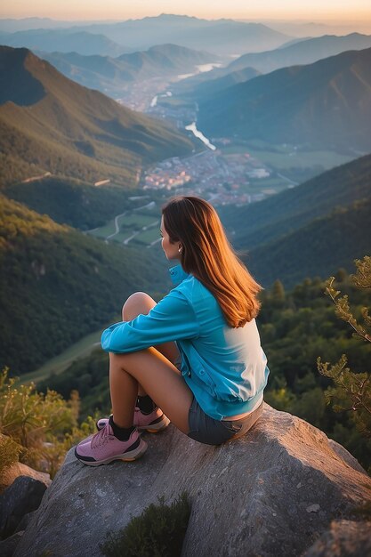 Photo young woman sitting on top of the mountain and enjoying the view during sunset