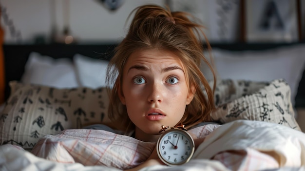 Photo a young woman sitting up in bed her alarm clock showing a late time with a look of disbelief and panic on her face