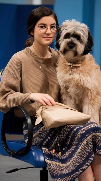 Photo young woman sitting with her dog at blue studio