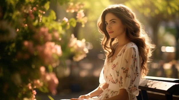 A Young Woman Sitting on a Wooden Bench in a Sunlit Park