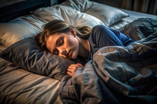 Photo young woman sleeping on the white linen in bed at home