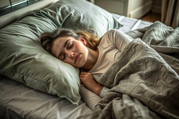 Young woman sleeping on the white linen in bed at home