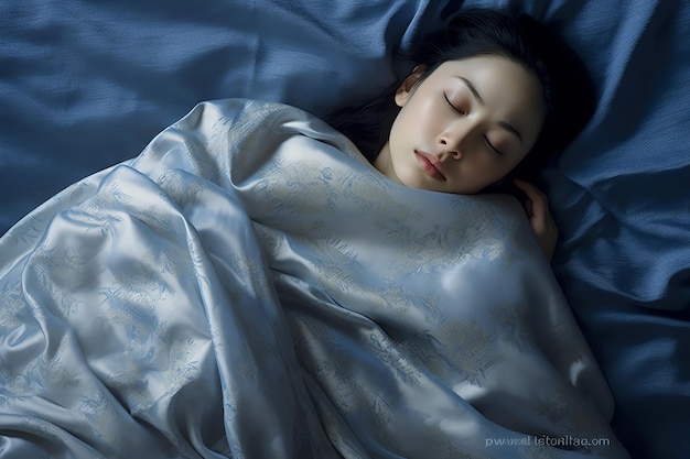 A young woman sleeps in her bed with a blue sheet covering her face.