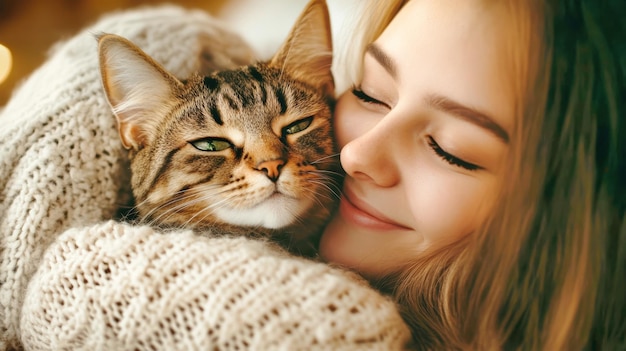 A young woman smiles as she kisses her adorable cat embracing the warmth of home during the lovely autumn season