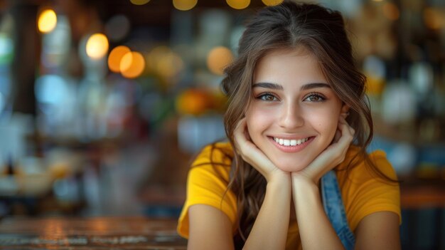 A young woman smiles brightly her face illuminated by warm golden light