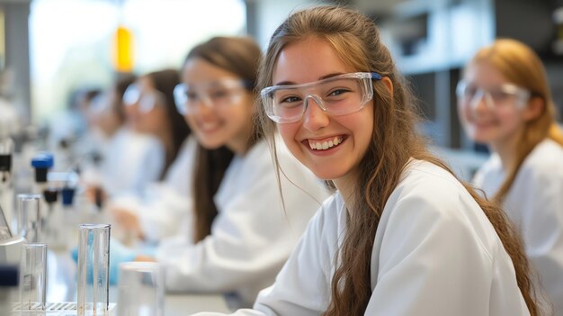 Photo a young woman smiles brightly while wearing safety goggles and a lab coat