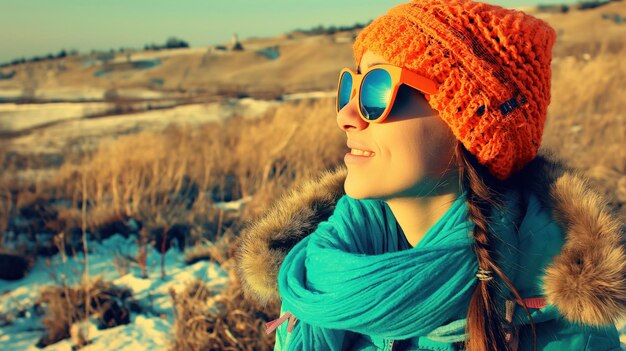 Photo a young woman smiles contently while enjoying a bright winter day in the mountains dressed in a colorful hat sunglasses and a warm vibrant scarf against a snowy backdrop