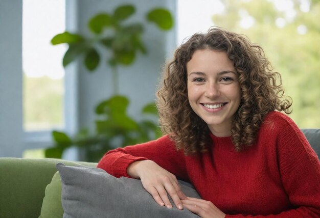 a young woman smiles on a couch with a green plant in the background