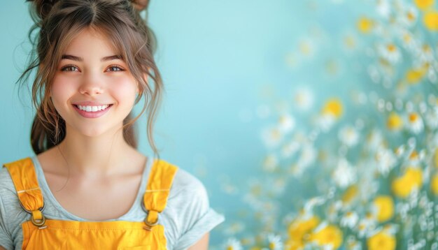 Photo young woman smiles in daisy field on sunny day surrounded by flowers and green grass