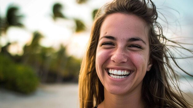 Photo young woman smiles happily while on vacation