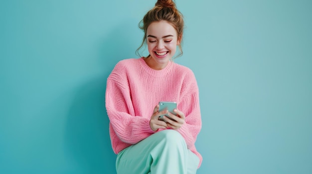 Young woman smiles joyfully while holding her smartphone against a colored background