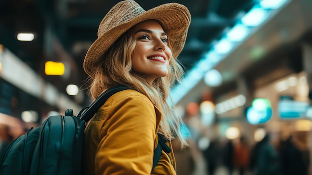 Photo a young woman smiles in a train station looking excited about traveling