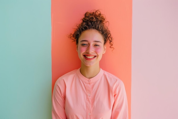 Photo young woman smiles while standing against colorful walls