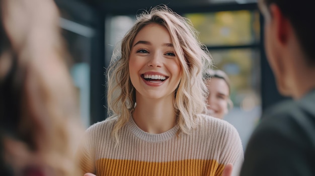 A young woman smiling brightly during a casual gathering with friends at a cafe on a sunny day in autumn