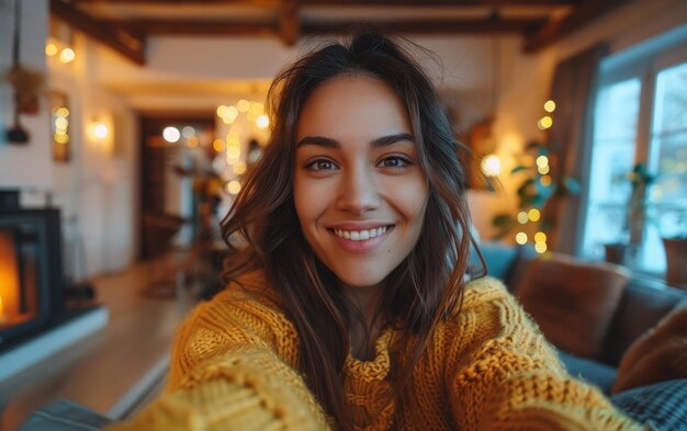 Young Woman Smiling in Cozy Home Interior With Fireplace