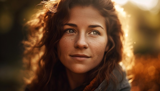 Young woman smiling enjoying beauty in nature generated by AI