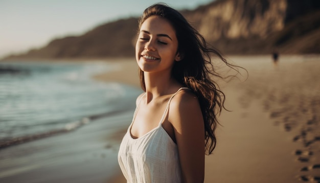 Young woman smiling enjoying carefree summer vacation generated by AI