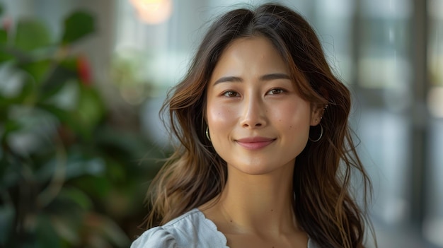 Young Woman Smiling in Front of Blurred Green Background