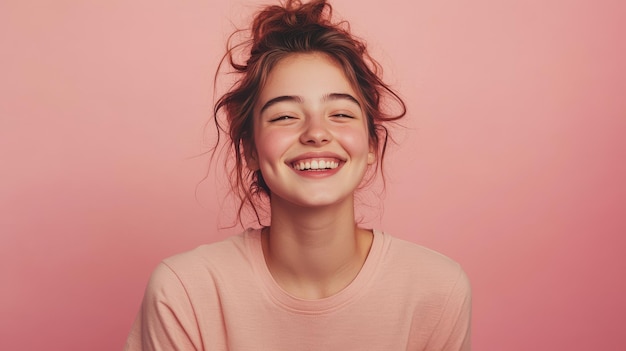 Photo young woman smiling happily against a pink background in a casual shirt during daytime