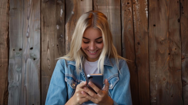 Photo young woman smiling and looking down at her smartphone wearing a denim jacket with a warm rustic wooden background behind her