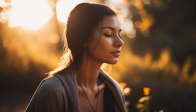 Young woman smiling in nature at sunset generated by AI