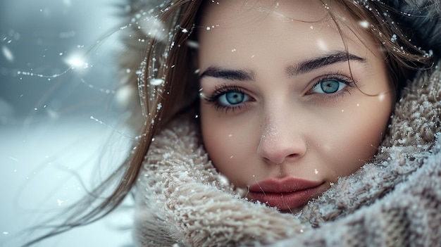 Photo young woman smiling in snowy winter landscape surrounded by falling snowflakes