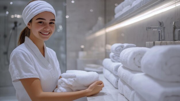 Photo young woman smiling in a spa setting with towels