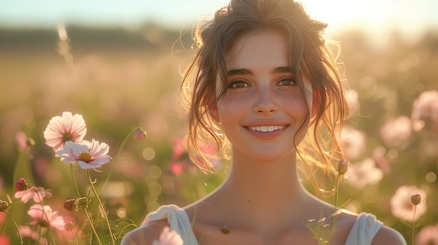 Young Woman Smiling in a Sunlit Flower Field During Golden Hour