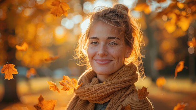 Photo a young woman smiling warmly in a cozy autumn setting with golden leaves falling around her