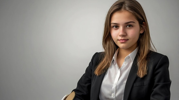 young woman smiling wearing black suit