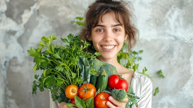 Photo young woman smiling while holding a bountiful harvest of fresh vegetables indoors