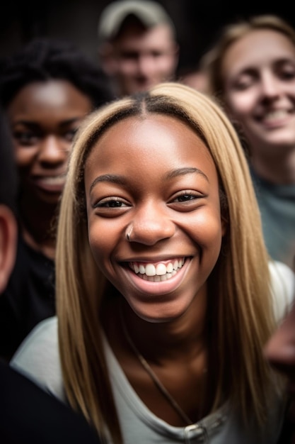 a young woman smiling while surrounded by her friends created with generative ai