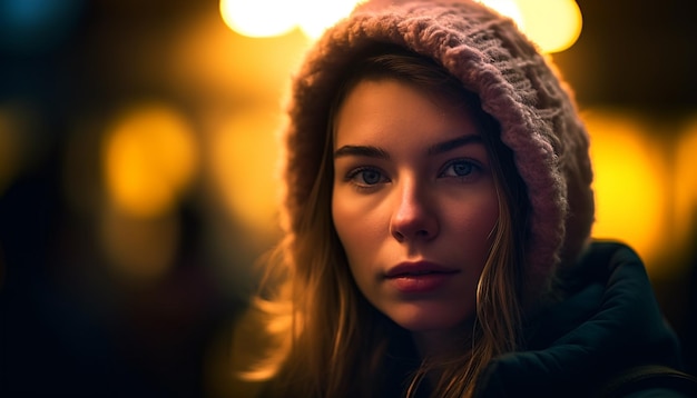 Young woman smiling in winter night outdoors generated by AI