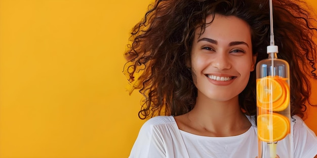 Young woman smiling with IV bag and orange slices promoting IV drip therapy Concept Wellness Promotion Healthcare Innovation Lifestyle Branding