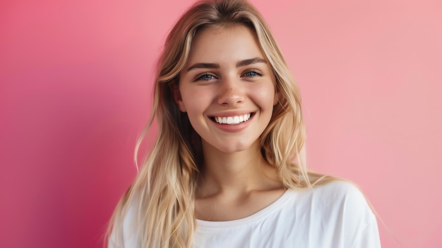 Young woman smiling with a pink background