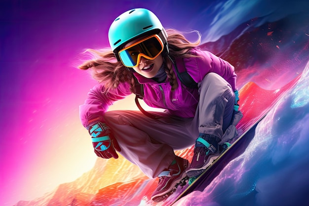 Young woman snowboarder jumping in the air over colorful background confident woman riding a snowboard showcasing her powerful muscles and fluid motion AI Generated