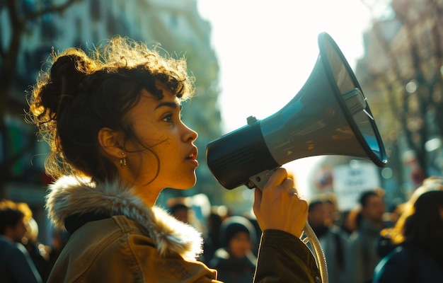 Photo young woman speaks passionately into megaphone during a protest march a young woman stands confidently