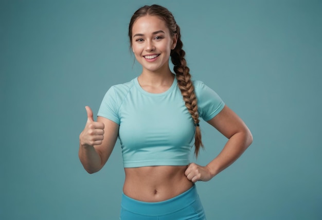 A young woman in sportswear giving a thumbs up she appears confident and ready for a workout