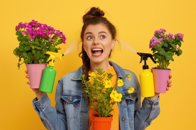 Photo young woman sprays plants in flowerpots and looking at potted flower with widely opened mouth