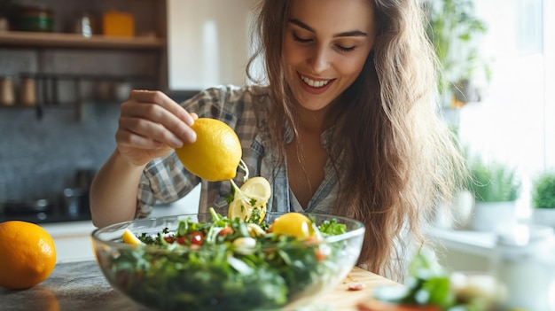 Photo young woman squeezing fresh lemon over bowl with salad