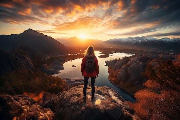 A young woman standing atop a lofty mountain Generative Ai