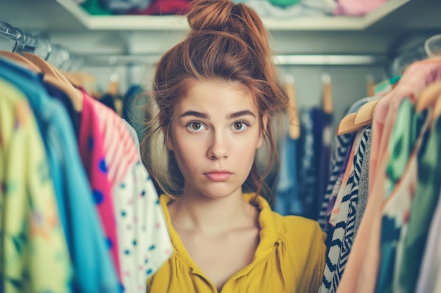 Photo young woman standing between clothes in a closet wearing a yellow shirt looking directly at the camera